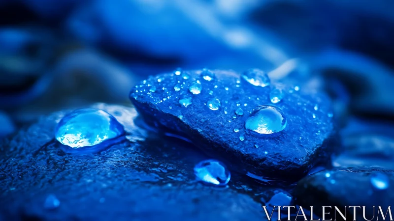 Cobalt river stones with luminous water droplets macro