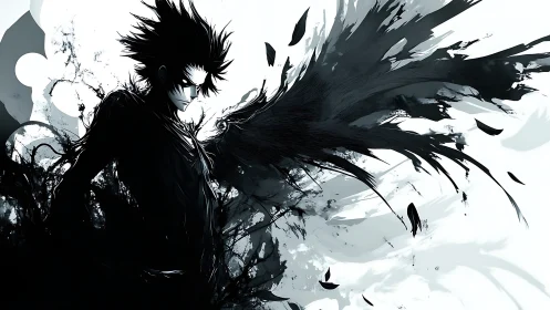 High-contrast ink-born winged figure in kinetic dispersion.