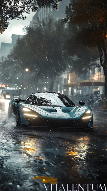 Electric-blue supercar slicing through stormy city streets.
