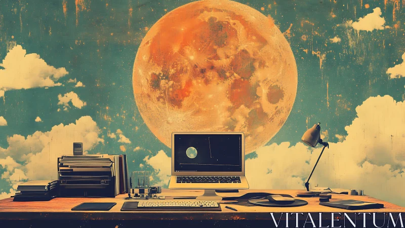 Dreamer&rsquo;s desk under a giant golden moon sky backdrop.