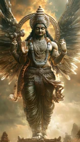 Majestic winged deity statue in golden divine light.