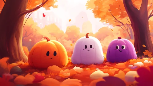 Trio of kawaii pumpkins in stylized glowing autumn park