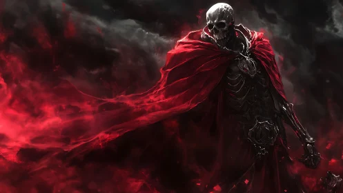Skeletal armored figure stands in red cloak amid swirling smoke