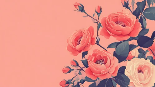 Coral Roses Bloom Against Soft Peach Background
