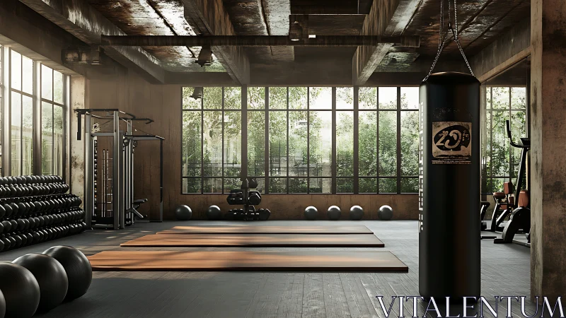 Industrial Loft Gymnasium with Clerestory Grid Windows and Exposed Brutalist Ceiling