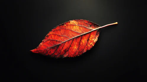Backlit autumn leaf specimen isolated on deep black ground