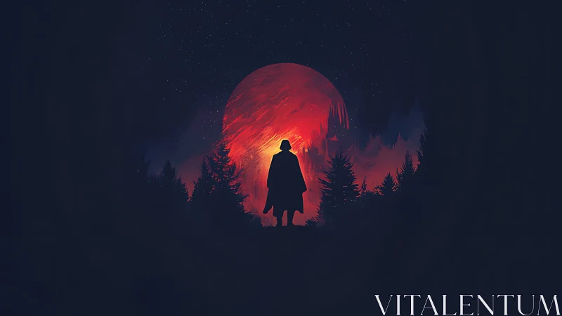 Silhouetted wanderer before burning crimson moonrise.