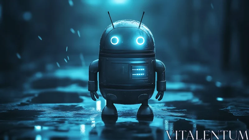 Rain-soaked alley wanderer bot with glowing neon curiosity.