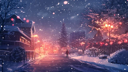 Snowlit winter street with festive lanterns and lone figure.