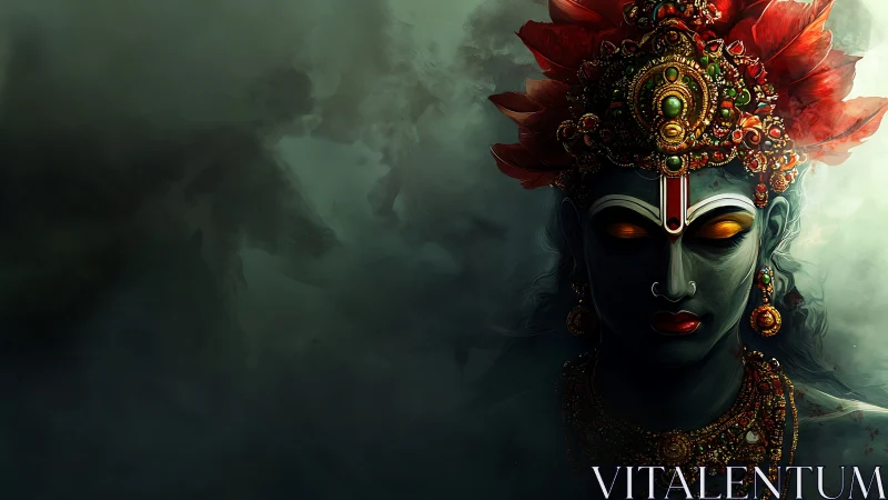 Divine blue deity amid swirling shadowed mistscape.