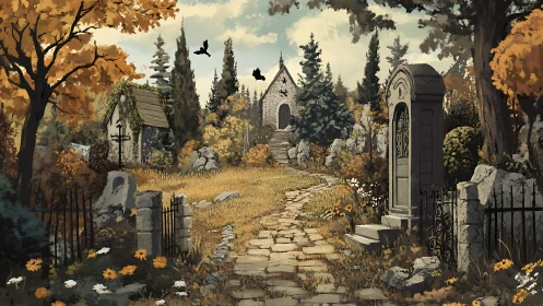 Stone path through autumn graveyard toward chapel structure.