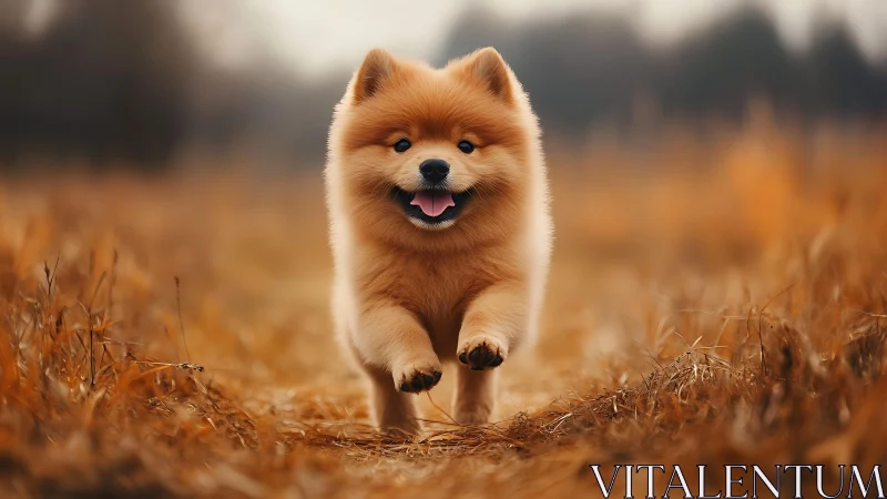 Fluffy amber puppy sprinting through a golden autumn meadow.