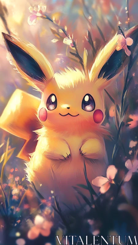 Gentle Pikachu resting in a dreamy meadow of glowing light.