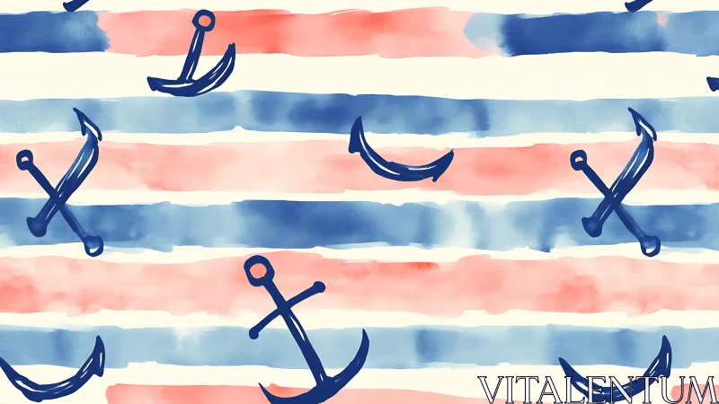Playful navy anchors drifting on watercolor sailor stripes.