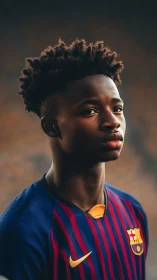 Young footballer in striped Barcelona jersey portrait.