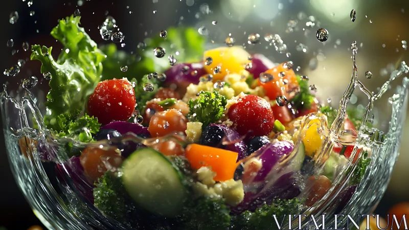 Bursting salad bowl sends fresh vegetables dancing in water