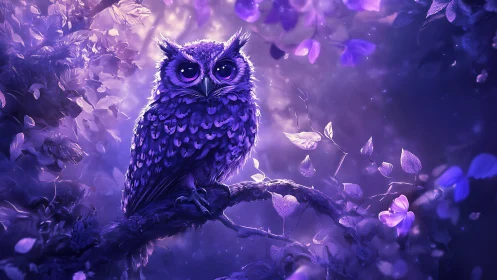 Gentle violet owl resting in a softly glowing dream forest.