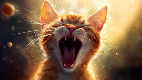 Digitally Rendered Orange Feline with Mouth Open and Luminescent Particles