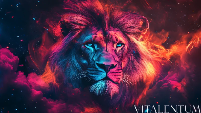 Bichromatic nebular lion portrait in high-saturation spectral blaze.
