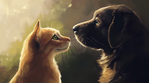 Cat and dog facing each other in atmospheric lighting.