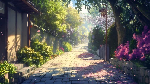 Sunlit cherry blossom lane drifts into tranquil distance.