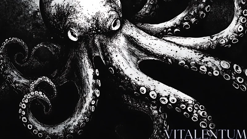 Monochrome octopus spreads curling tentacles in deep black