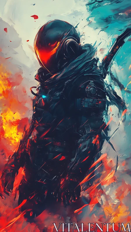 Armored cybernetic soldier stands amid abstract firestorm