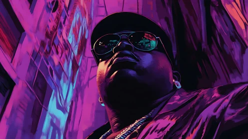 Neon portrait of rapper under city lights at night.