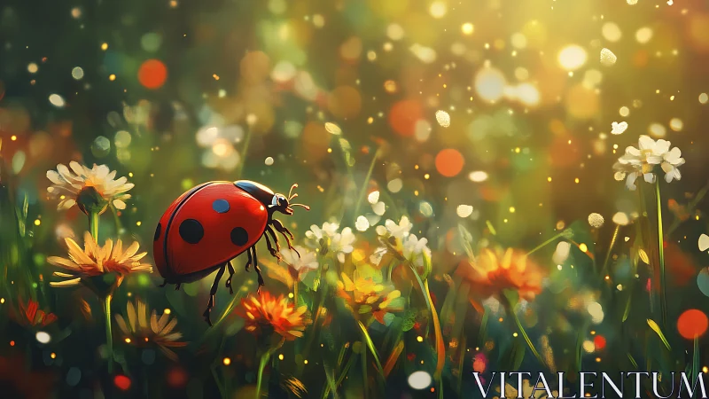 Ladybug on wildflowers in glowing spring meadow light.