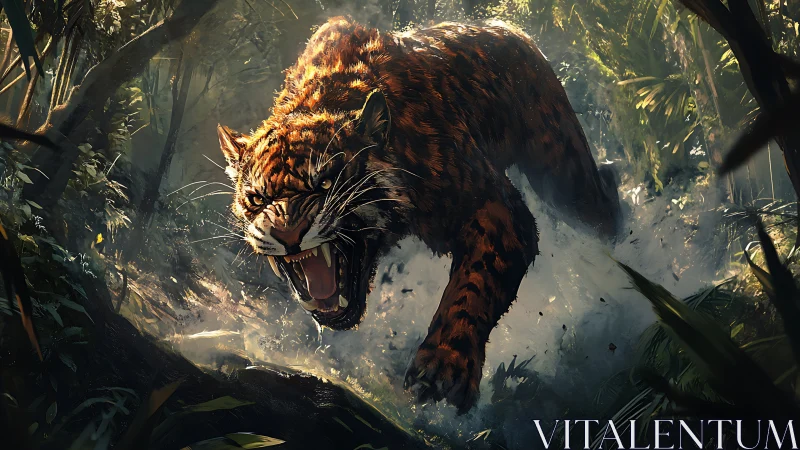 Tiger Prowls Through Jungle Mist with Teeth Bared