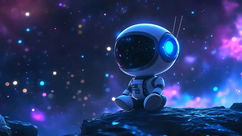 Stargazing baby robot adrift in neon cosmic fireflies.
