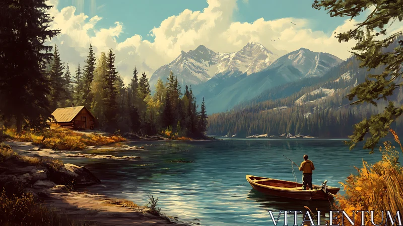 Mountain lake scene depicts fisherman in rowboat near cabin