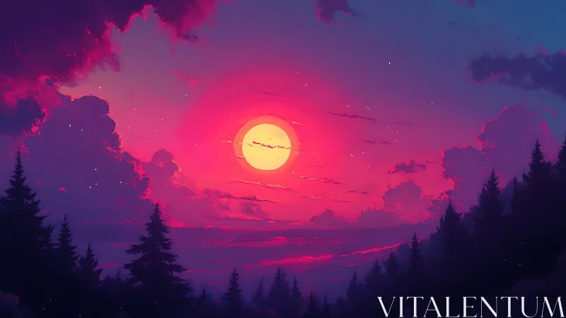 Vivid pink sunset over dark forest silhouette and clouds.