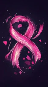Luminous Pink Ribbon with Floating Hearts in Deep Space