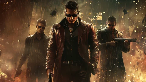 Gunmen in leather coats stride through blazing urban crossfire.
