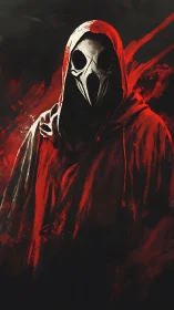 Hooded plague doctor silhouette in red abstract shroud.