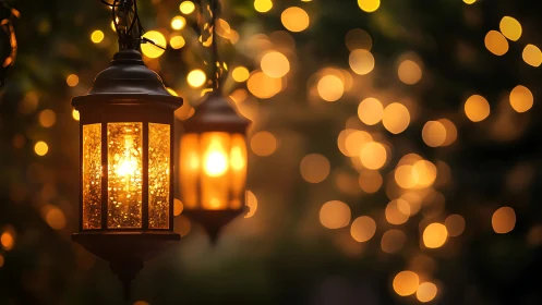 Photorealistic garden lanterns with warm bokeh illumination.