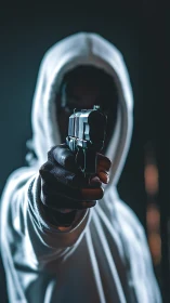 Moody hooded figure in tense, cinematic close-up portrait.