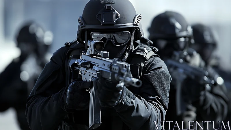 Tactical police unit advances with rifles in tight formation