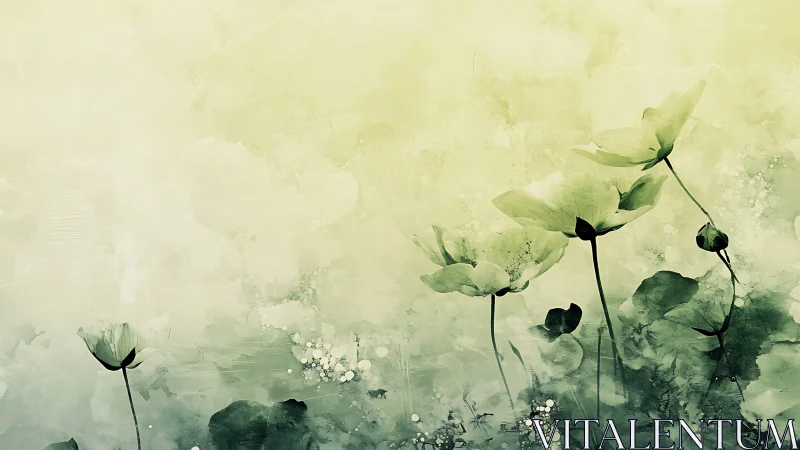 Watercolor Cosmos Flowers in Ethereal Green Mist