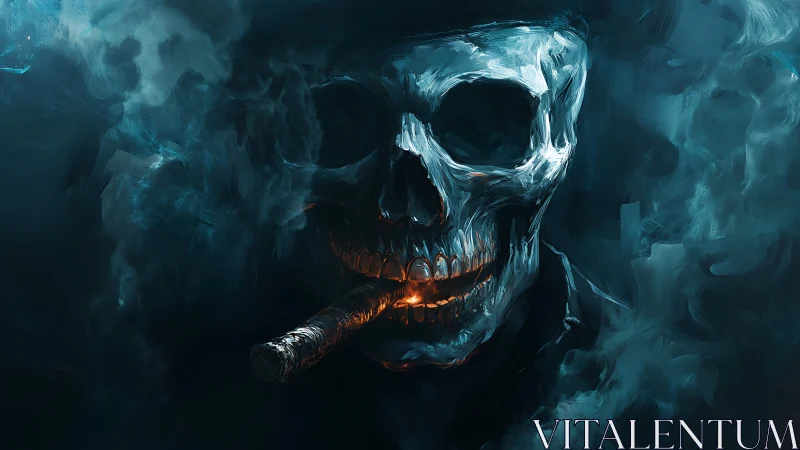Skull with burning cigar in blue smoke filled digital scene.