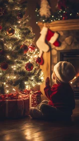 Tiny dreamer trades whispers with a glowing Christmas tree