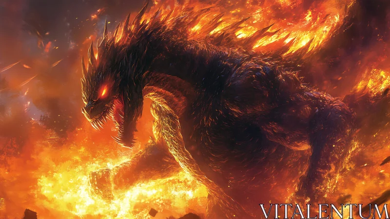 Gigantic reptilian creature advances through dense surrounding fire