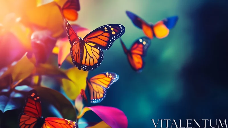 High-saturation monarch butterflies in shallow-depth bokeh field