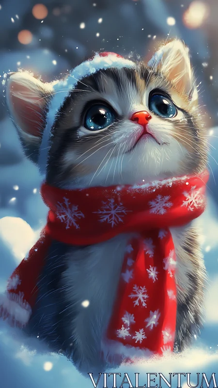 Cute winter kitten in red scarf in falling snow outdoors.