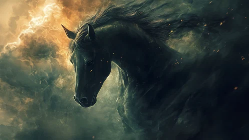Storm-forged black stallion emerging from burning clouds.