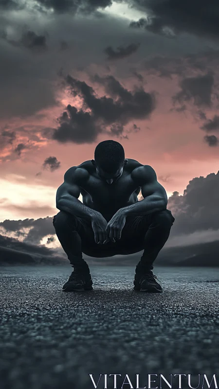Moody athlete crouches on wet road beneath stormy sky.