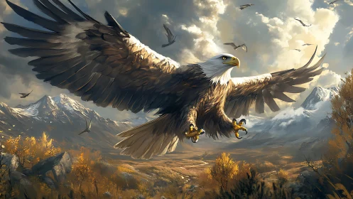 Majestic Bald Eagle in Flight Over Mountain Landscape, Digital Art.