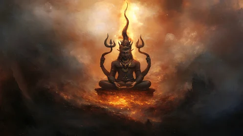 Seated multi-armed deity over fire within dense smoke field.