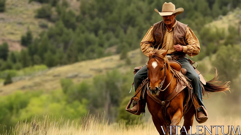 Western horseman rides chestnut mare through grassy valley